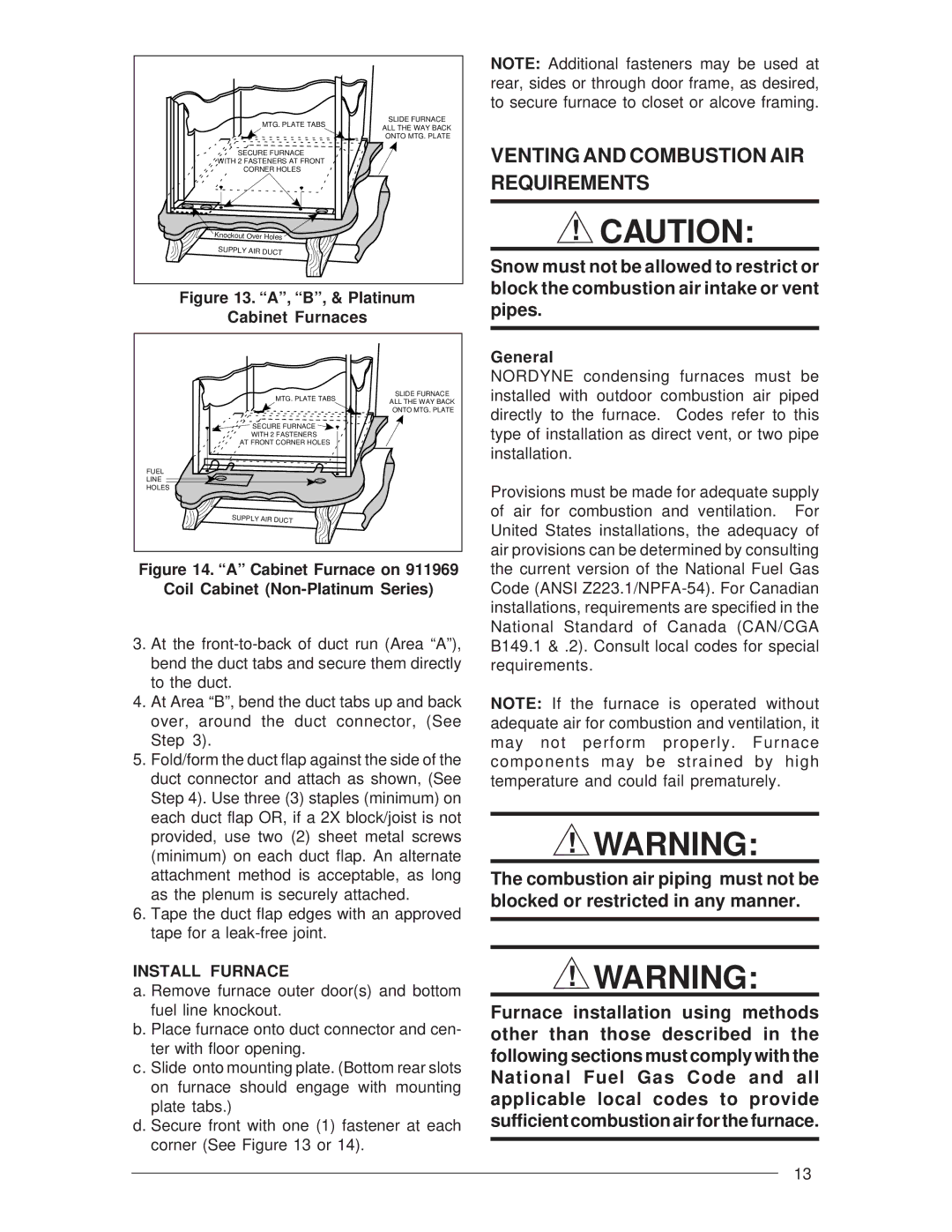 Nordyne M3RL installation instructions Venting and Combustion AIR Requirements, General, Install Furnace 