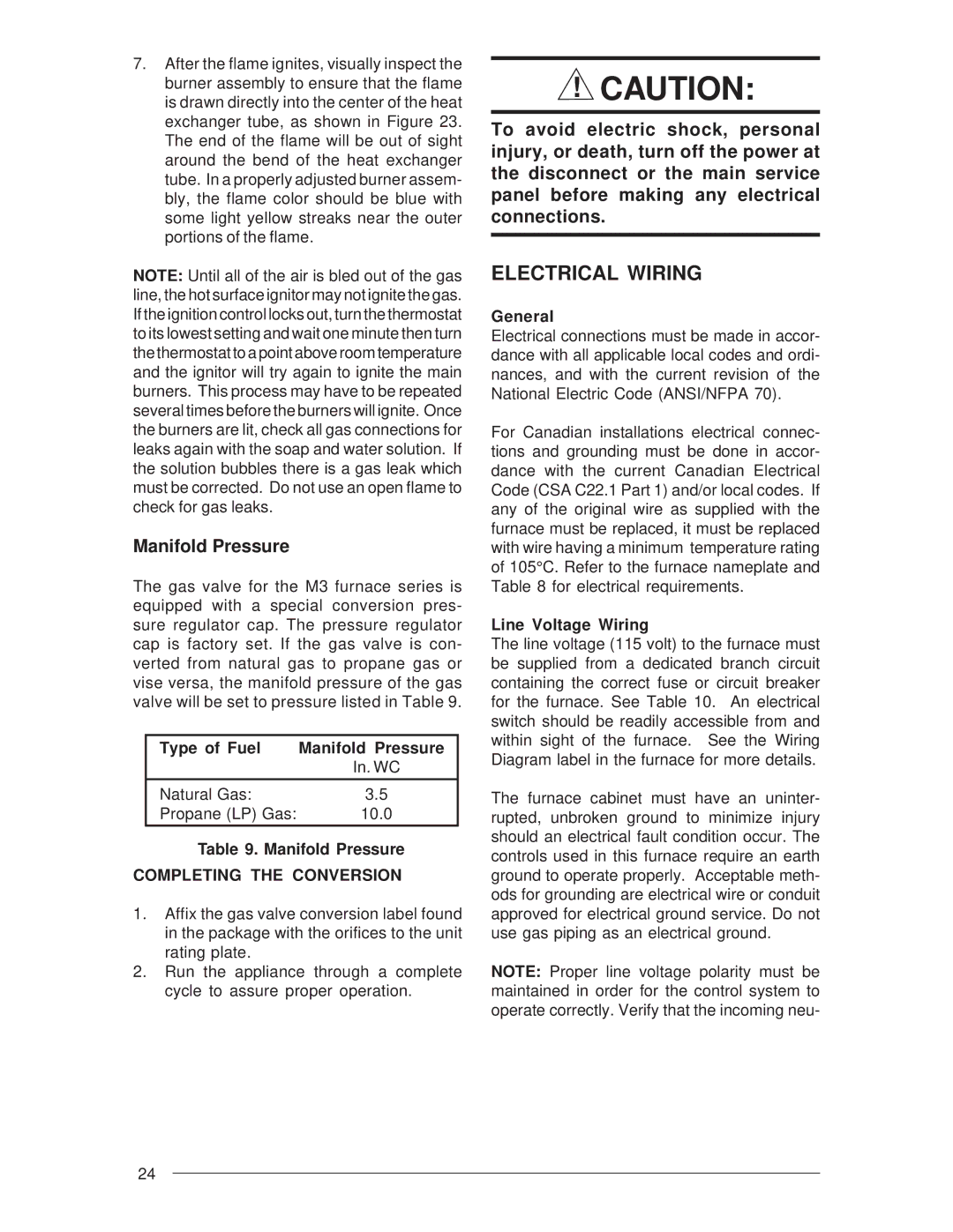 Nordyne M3RL Electrical Wiring, Type of Fuel Manifold Pressure, Completing the Conversion, Line Voltage Wiring 