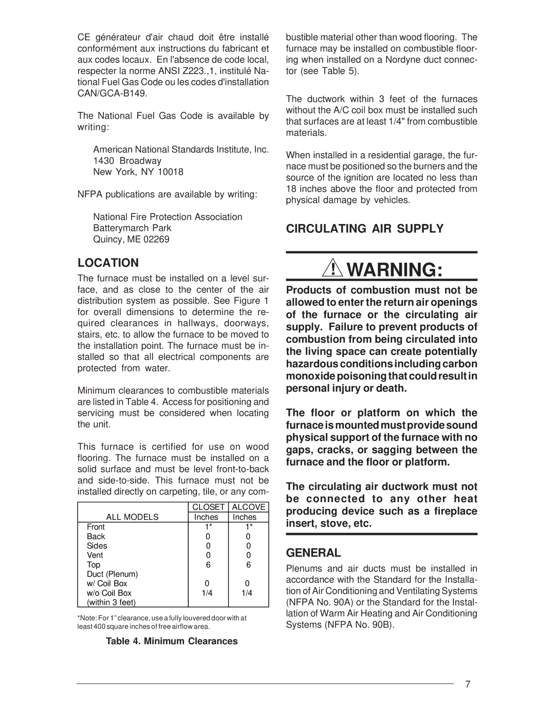 Nordyne M3RL installation instructions Location, Circulating AIR Supply, Minimum Clearances 