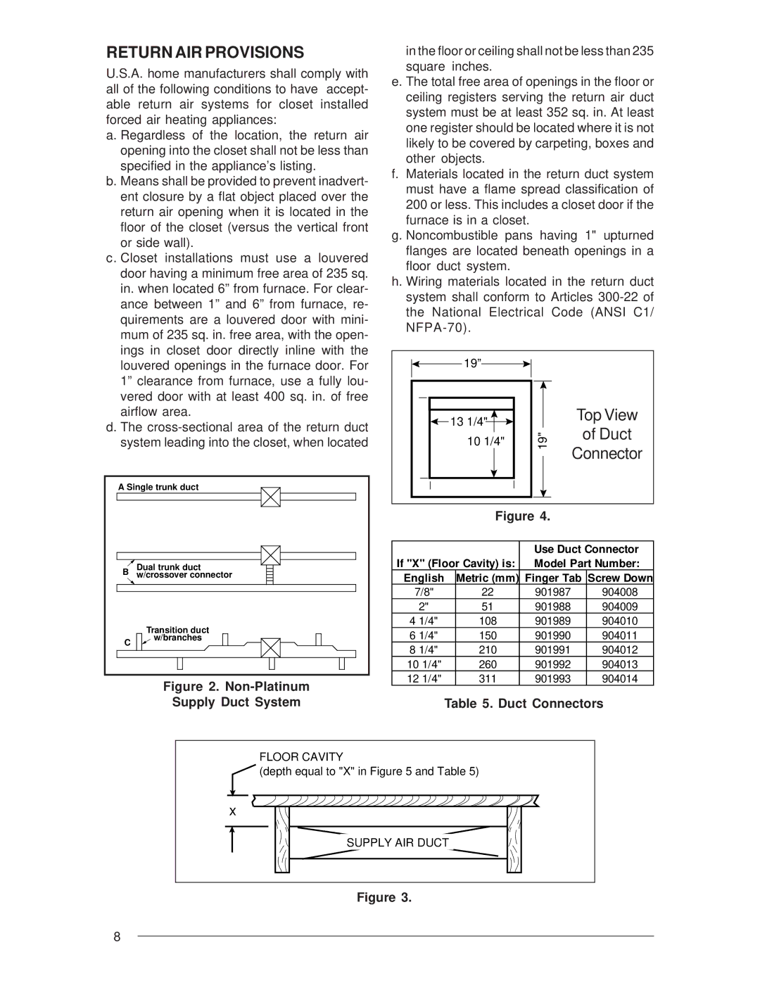 Nordyne M3RL installation instructions Return AIR Provisions, Duct Connectors 