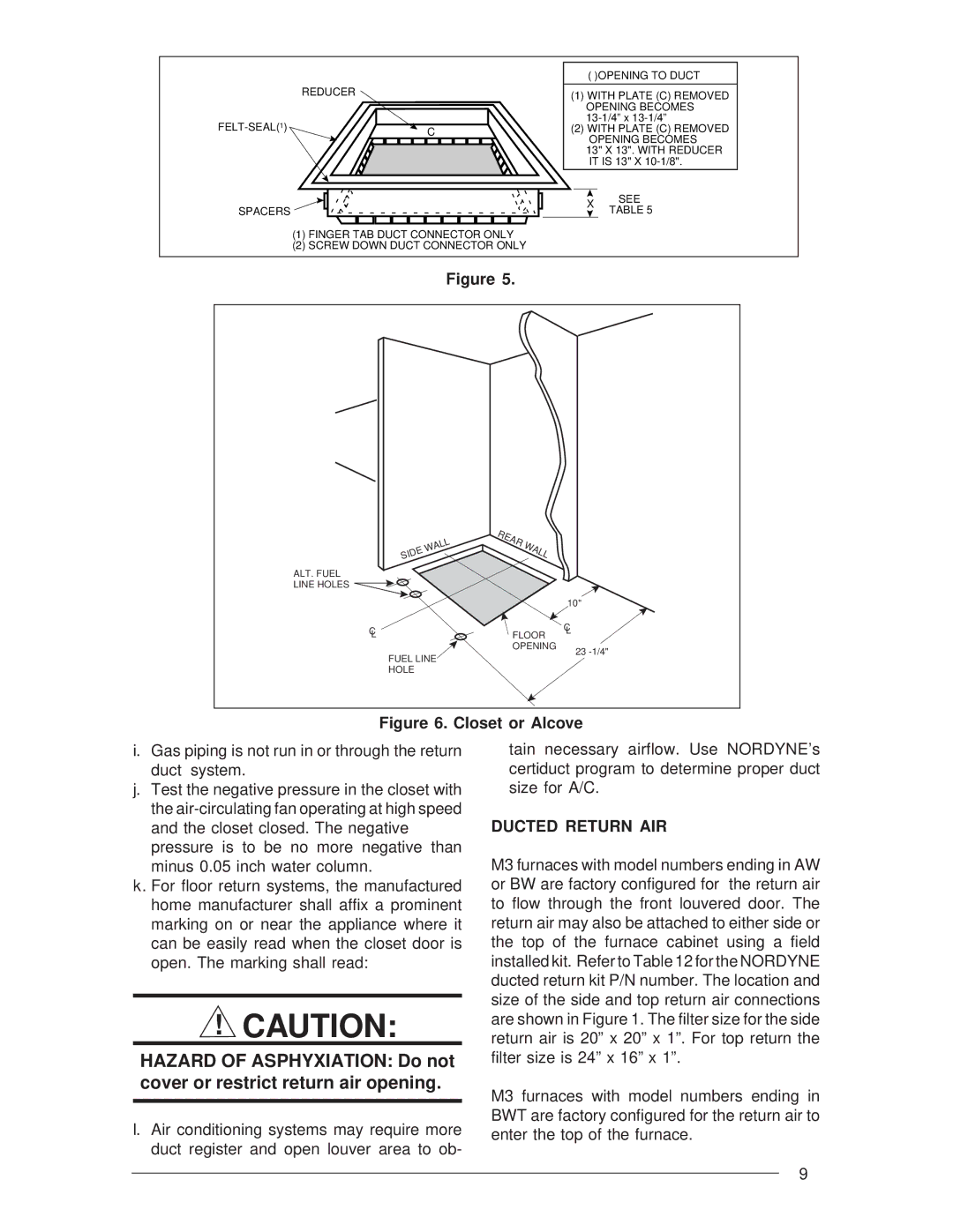 Nordyne M3RL installation instructions Closet or Alcove, Ducted Return AIR 