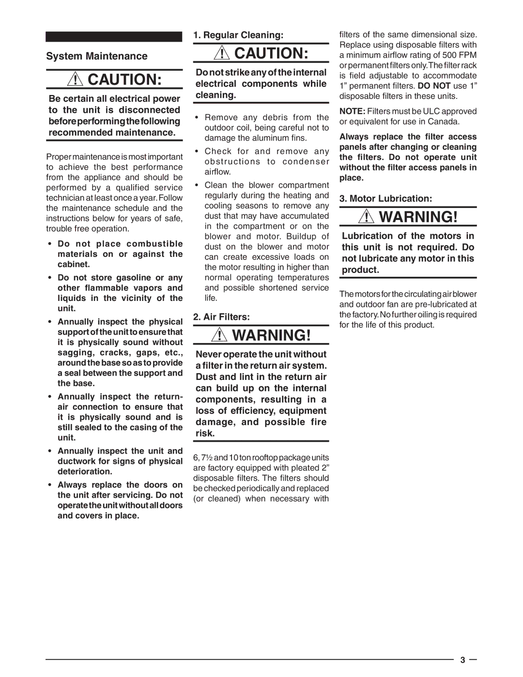 Nordyne P6SP Series manual System Maintenance, Air Filters 