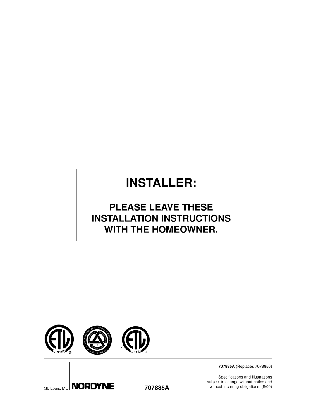 Nordyne Q4 Series installation instructions ¢707885W¤ 