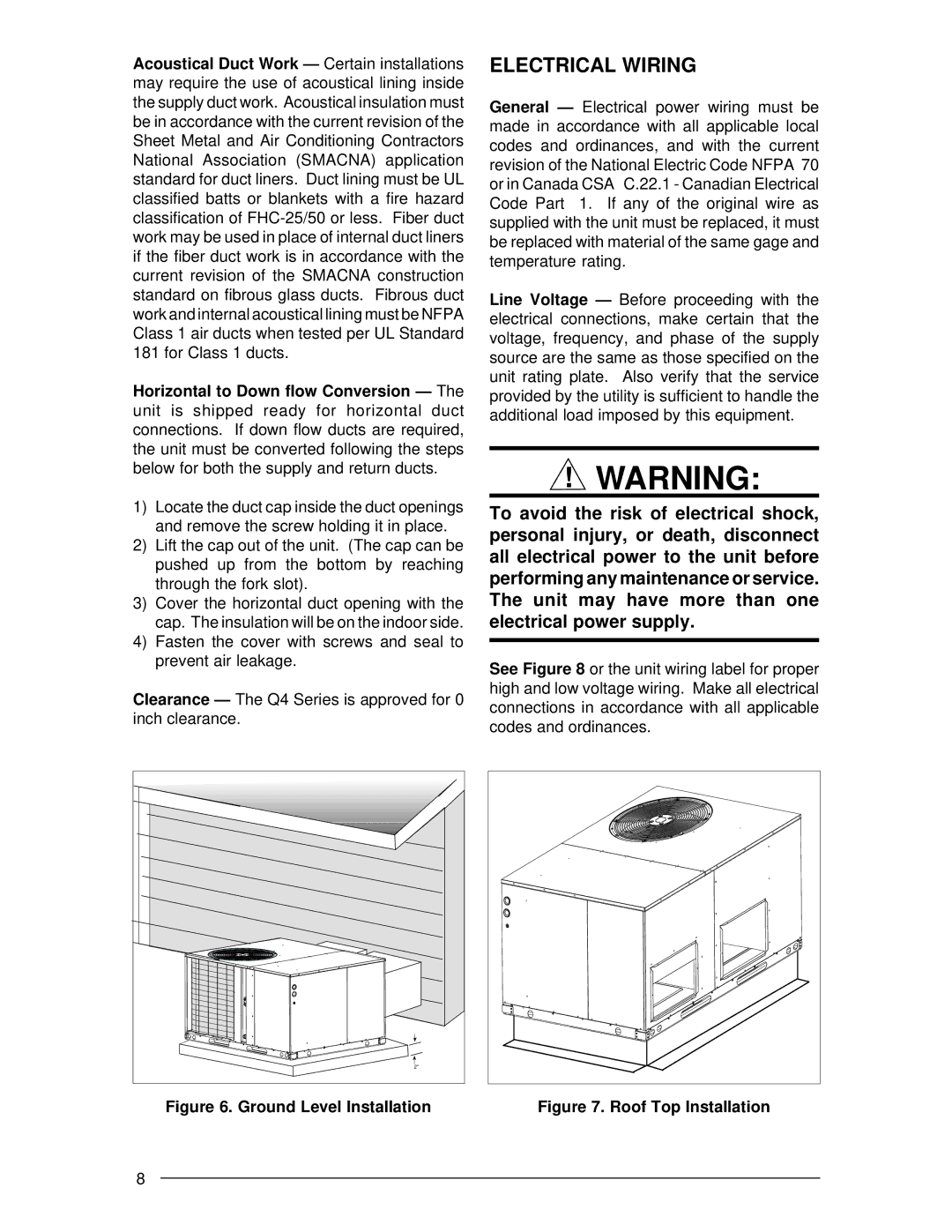 Nordyne Q4 Series installation instructions Electrical Wiring, Ground Level Installation 