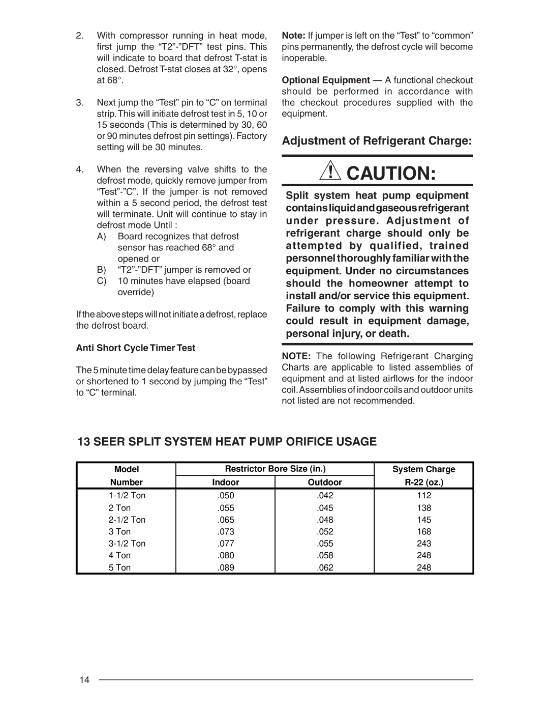 Nordyne R-410A installation instructions Seer Split System Heat Pump Orifice Usage, Anti Short Cycle Timer Test 