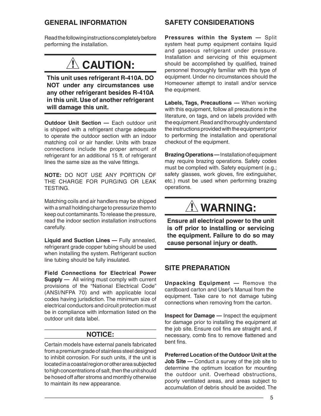 Nordyne R-410A installation instructions General Information, Safety Considerations, Site Preparation 