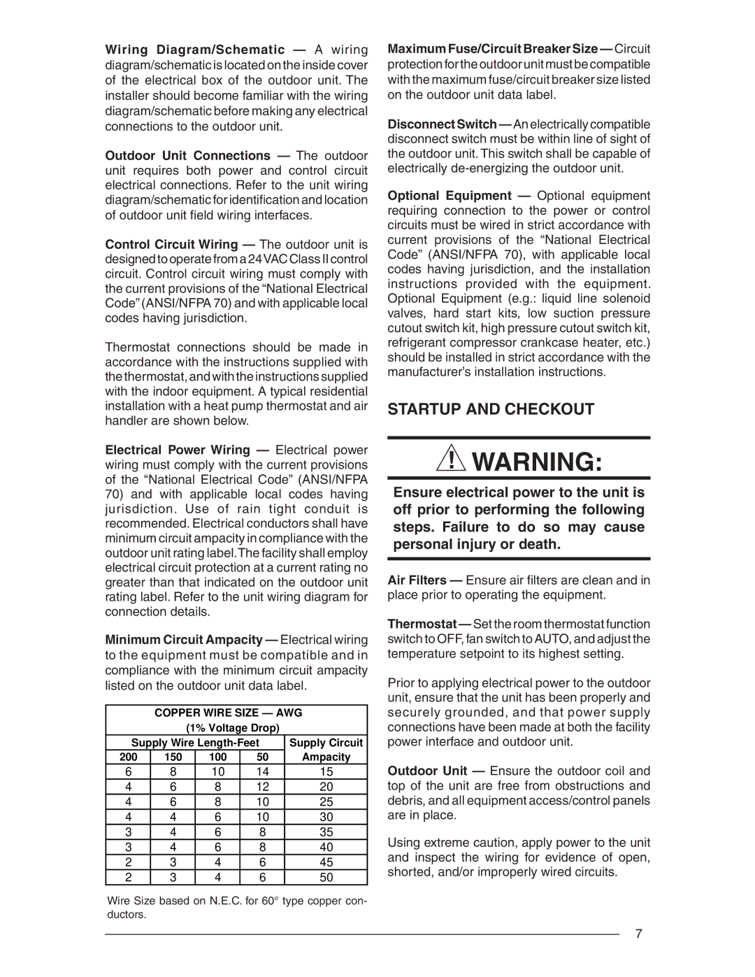 Nordyne R-410A installation instructions Startup and Checkout, Copper Wire Size AWG 