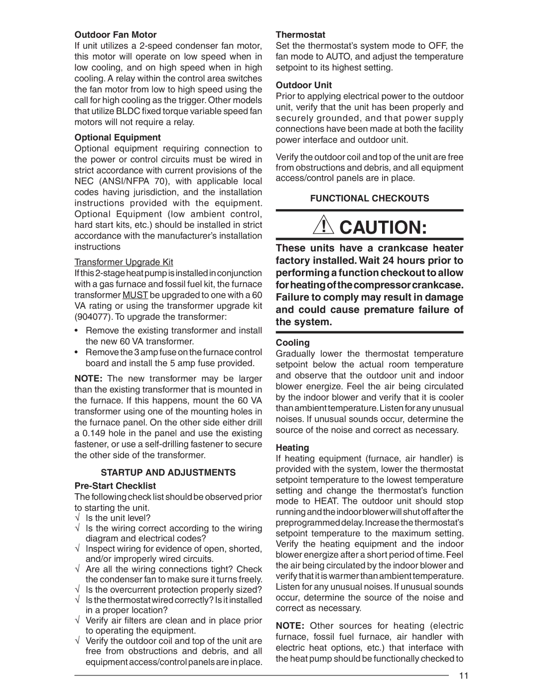 Nordyne R-410A user manual Startup and Adjustments, Functional Checkouts 