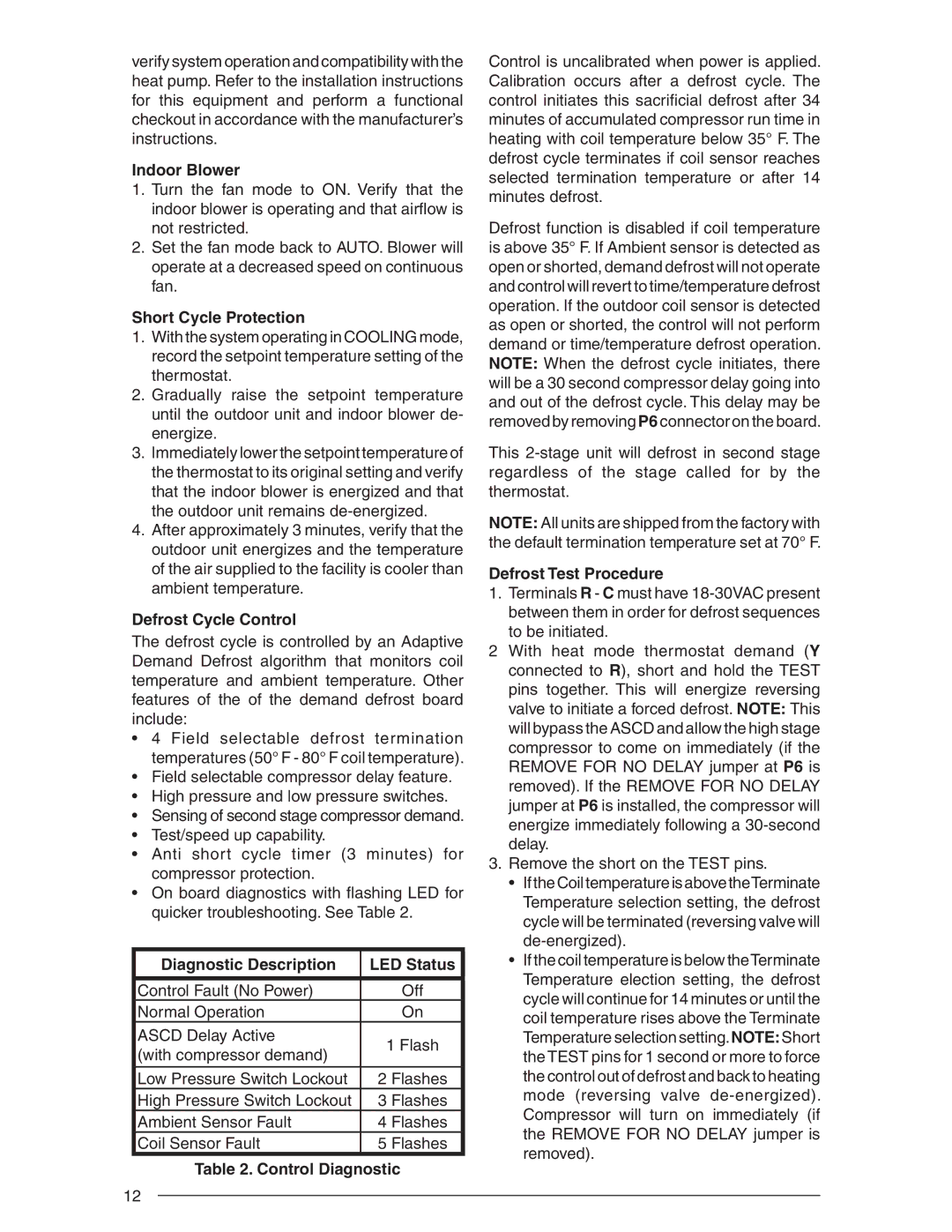 Nordyne R-410A user manual Indoor Blower, Short Cycle Protection, Defrost Cycle Control, Diagnostic Description LED Status 