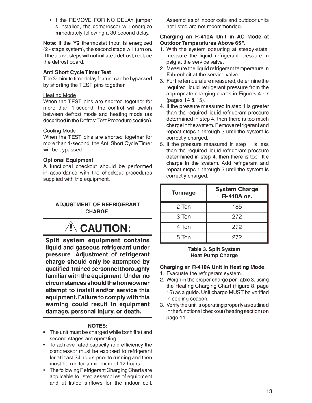 Nordyne R-410A user manual Anti Short Cycle Timer Test, Adjustment of Refrigerant Charge 