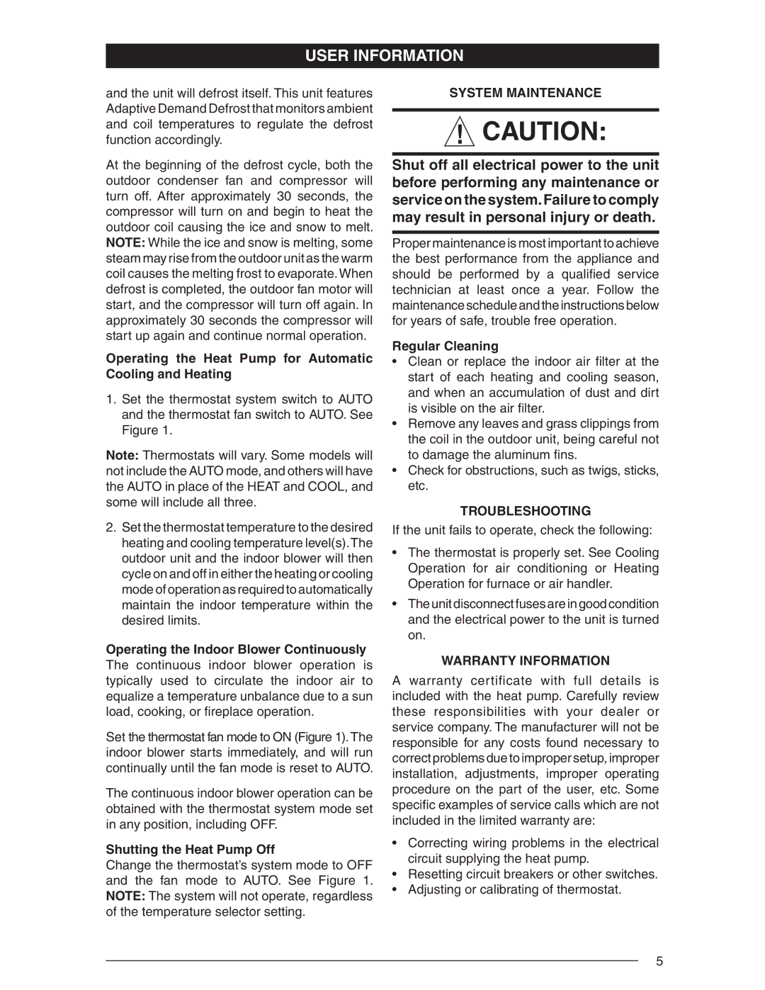 Nordyne R-410A user manual System Maintenance, Troubleshooting, Warranty Information 