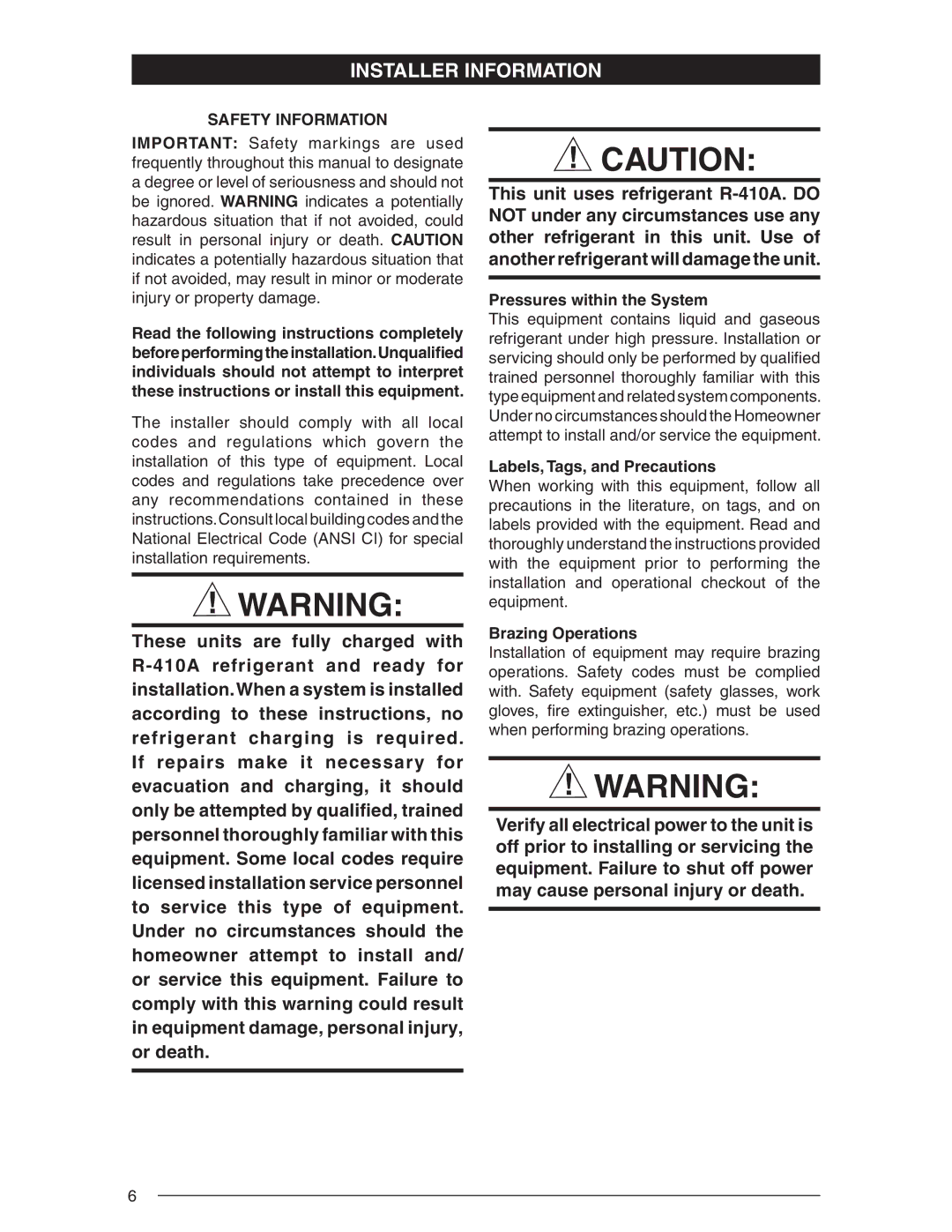 Nordyne R-410A user manual Pressures within the System, Labels, Tags, and Precautions, Brazing Operations 