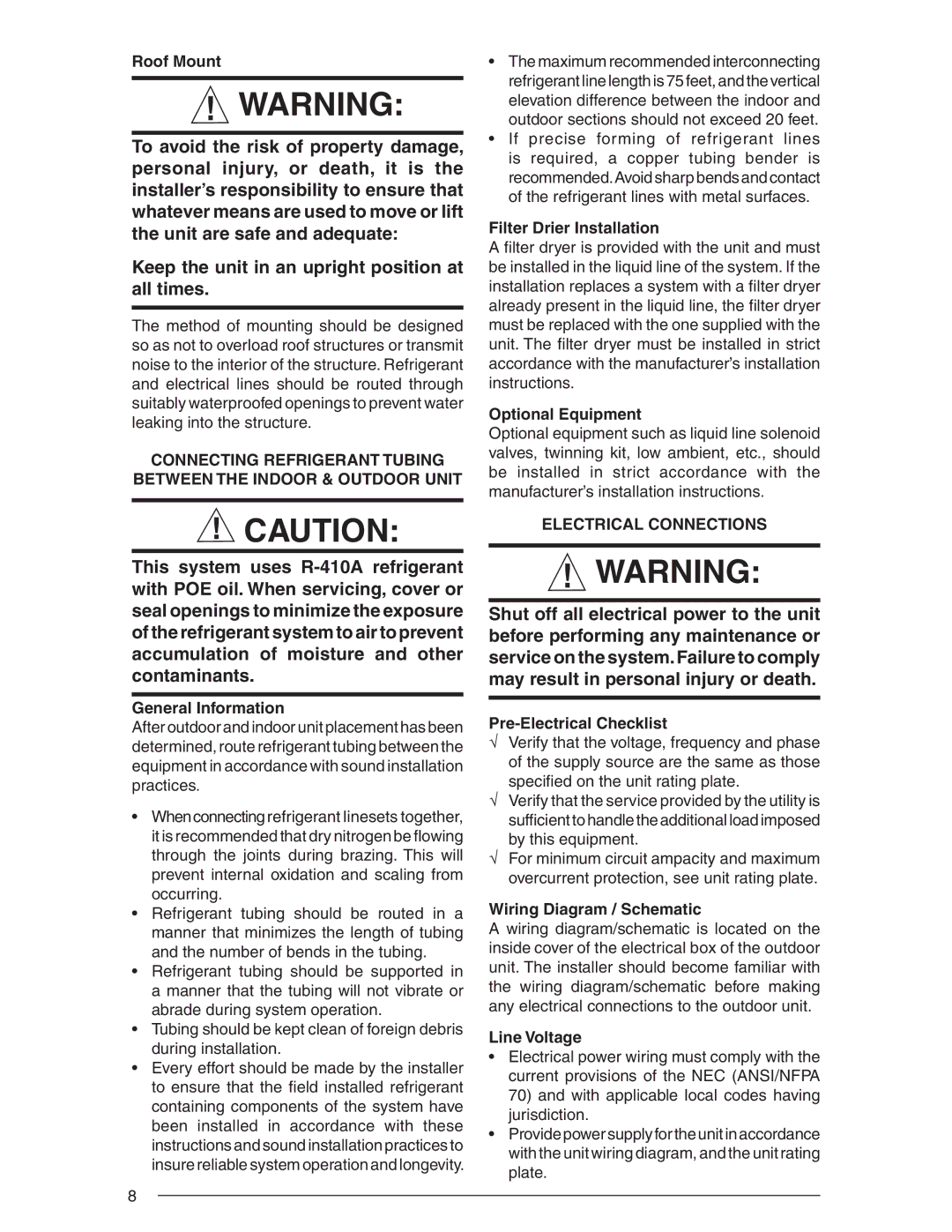 Nordyne R-410A user manual Electrical Connections 