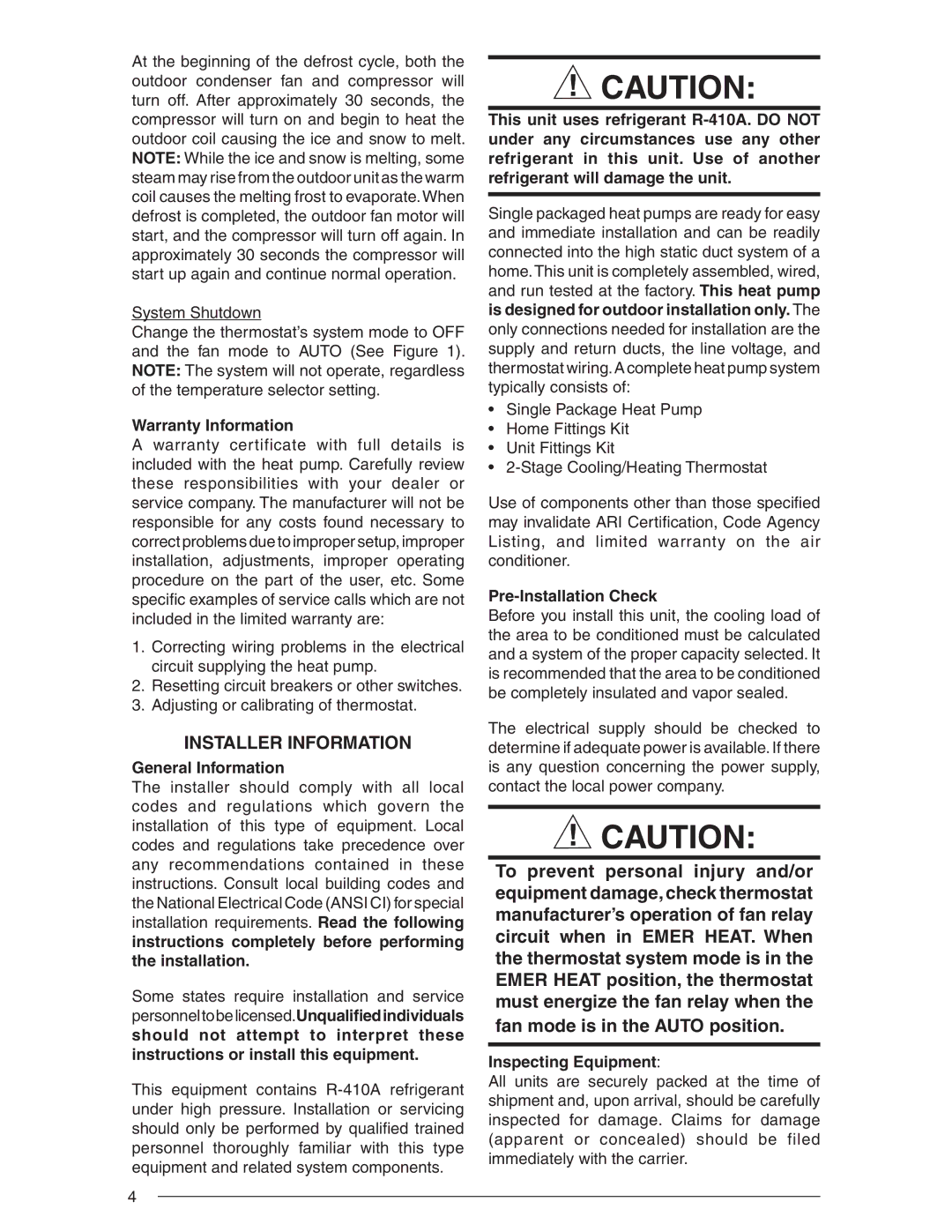 Nordyne R-410A user manual Warranty Information, General Information, Pre-Installation Check, Inspecting Equipment 