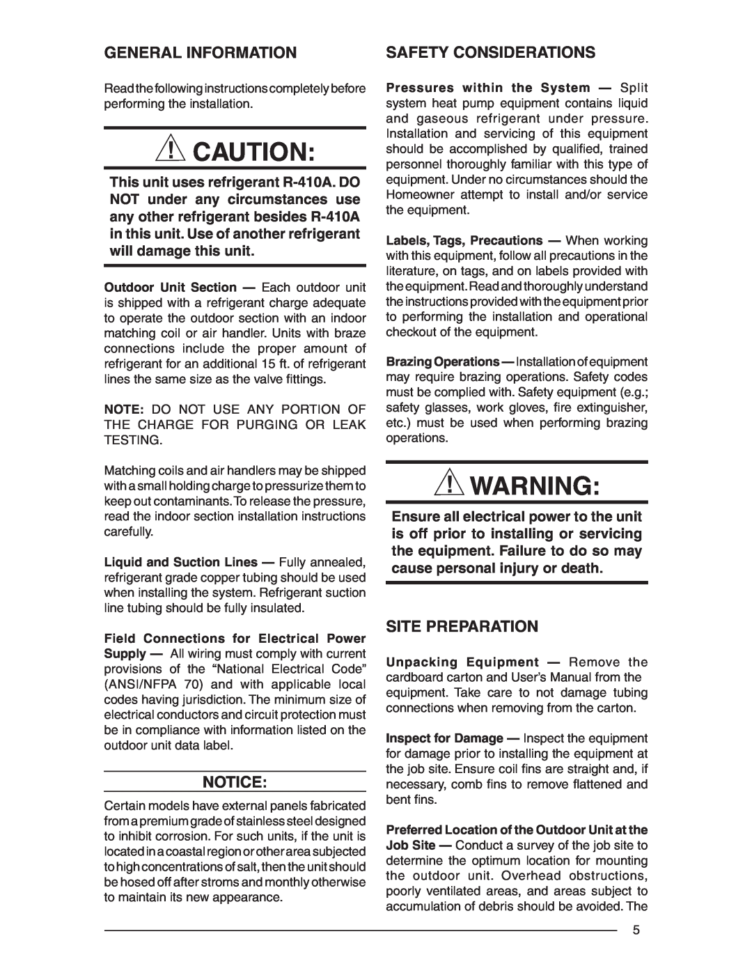 Nordyne R-410A installation instructions General Information, Safety Considerations, Site Preparation 