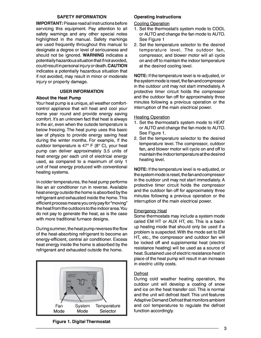 Nordyne R-410A Safety Information, USER INFORMATION About the Heat Pump, Digital Thermostat, Operating Instructions 