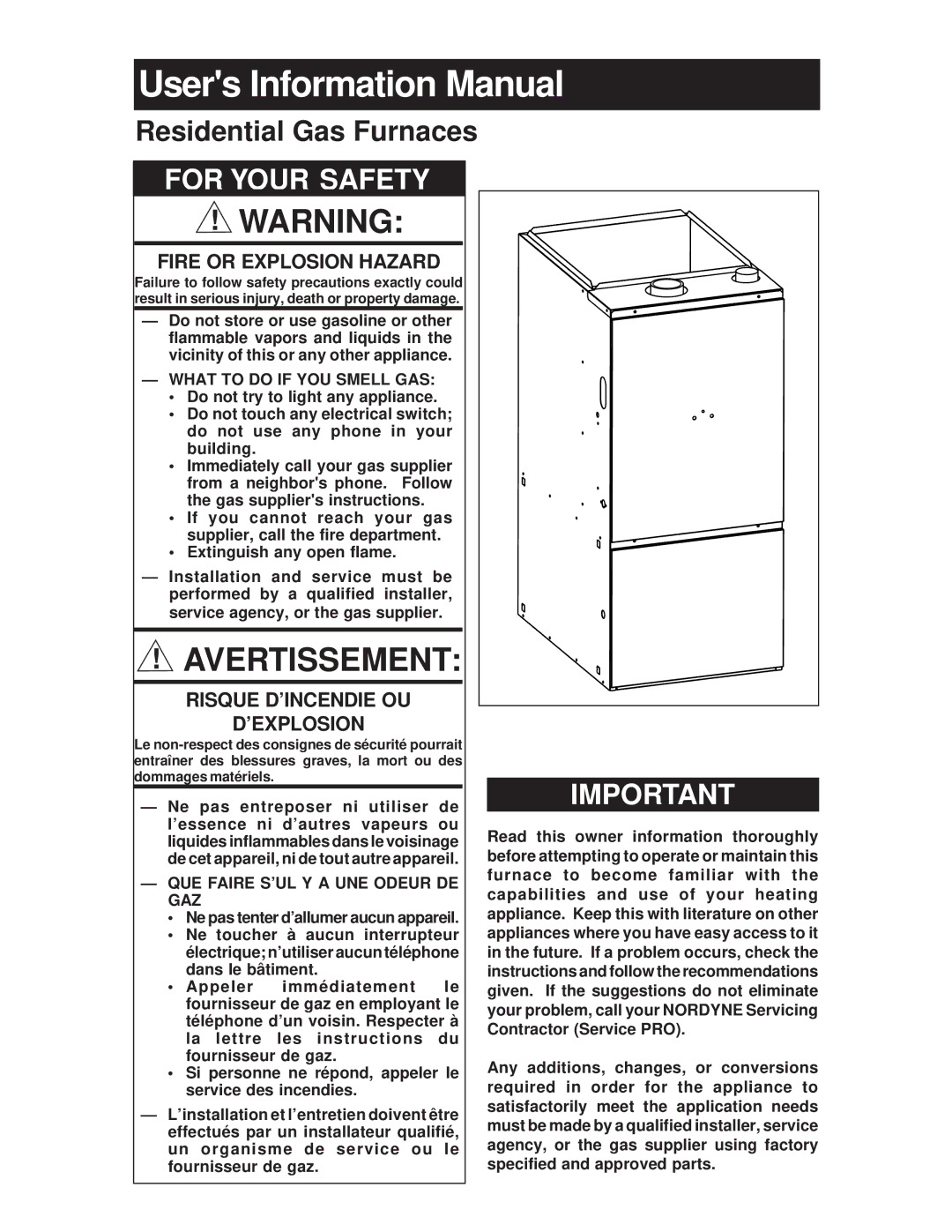 Nordyne Residential Gas Furnaces manual Fire or Explosion Hazard, Risque D’INCENDIE OU ’EXPLOSION 