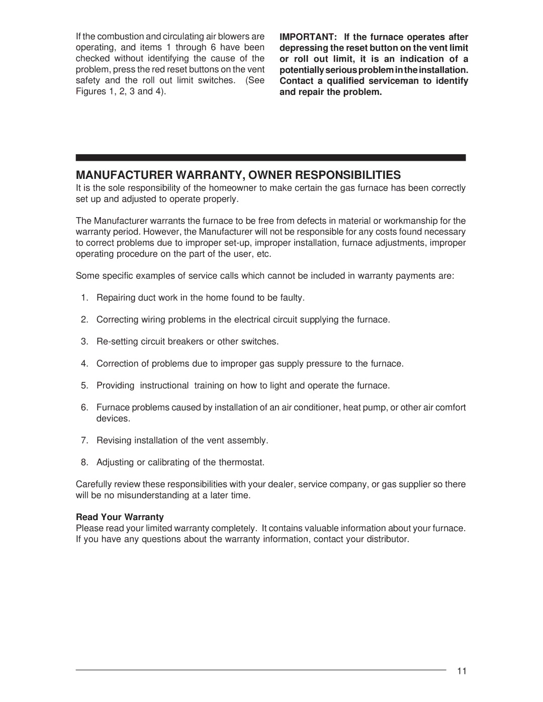 Nordyne Residential Gas Furnaces manual Manufacturer WARRANTY, Owner Responsibilities, Read Your Warranty 