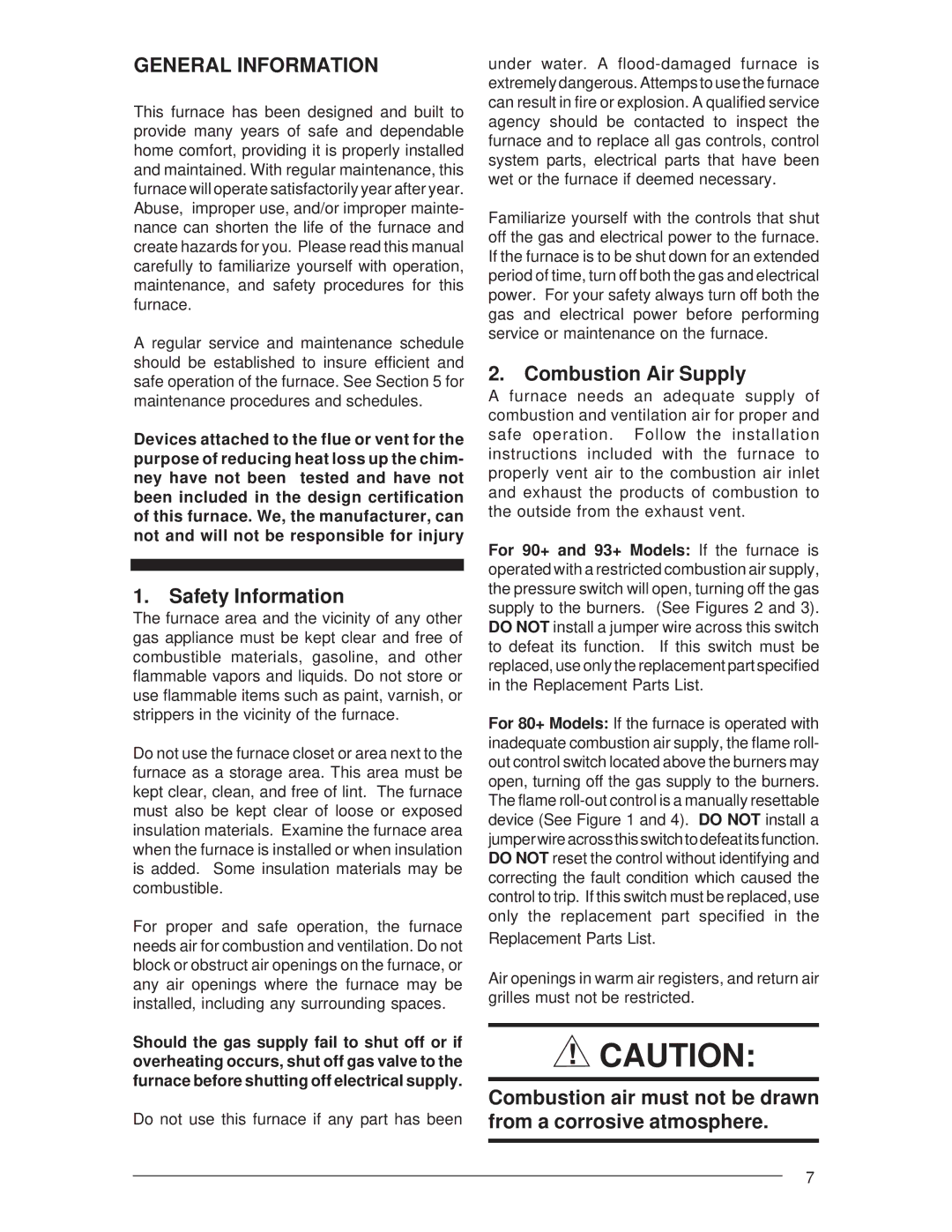 Nordyne Residential Gas Furnaces manual General Information, Safety Information, Combustion Air Supply 