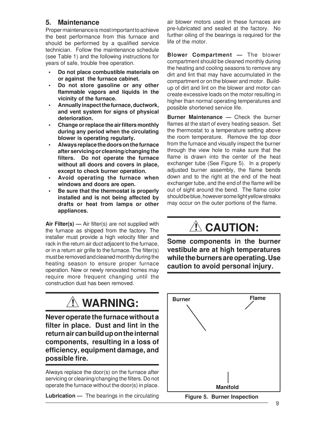 Nordyne Residential Gas Furnaces manual Maintenance, Burner, Manifold 