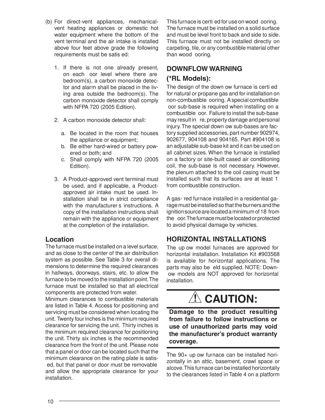 Nordyne RL 90+, RC 92+ installation instructions Downflow Warning *RL Models, Location, Horizontal Installations 