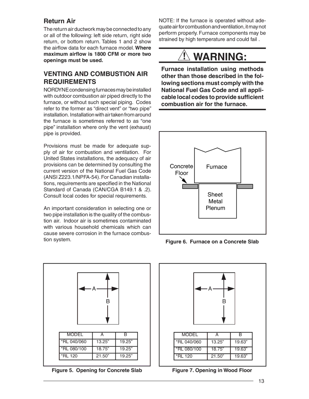 Nordyne RC 92+, RL 90+ installation instructions Return Air, Venting and Combustion AIR Requirements 