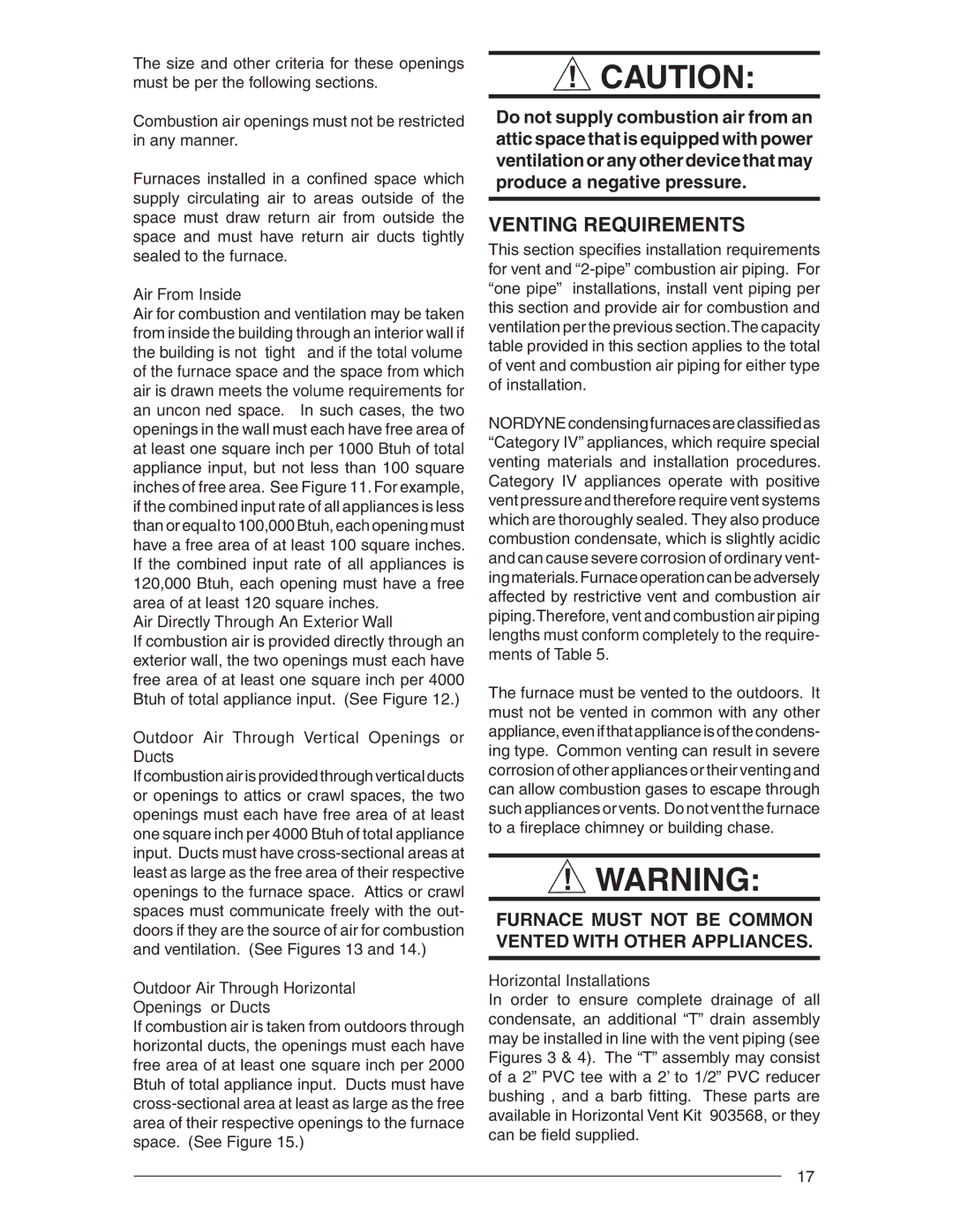 Nordyne RC 92+, RL 90+ installation instructions Venting Requirements 