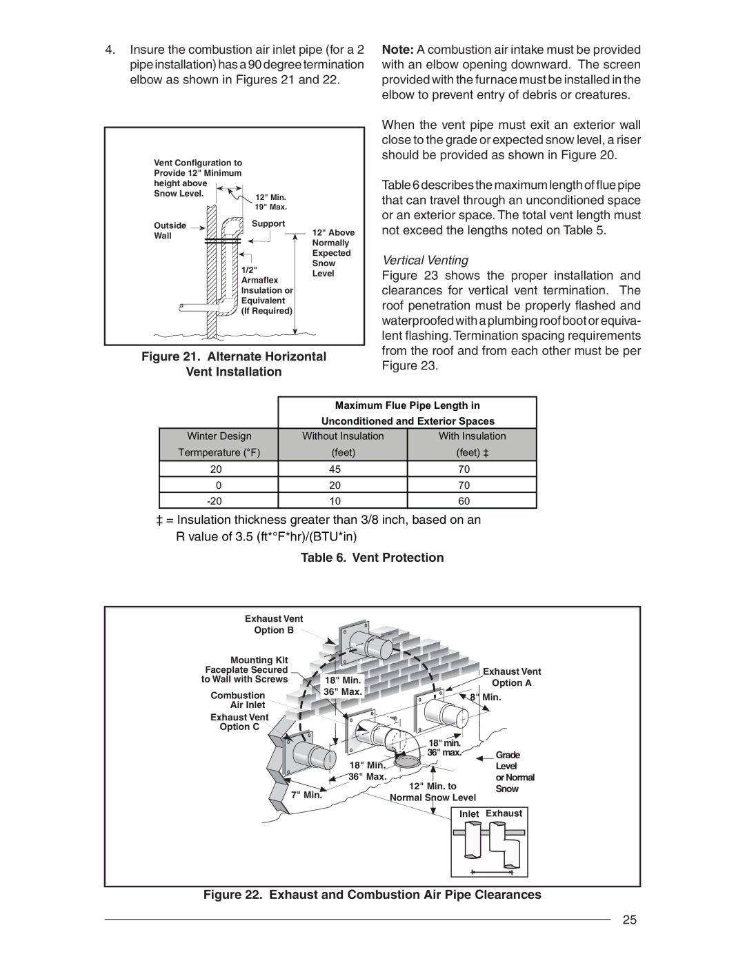 Nordyne RC 92+, RL 90+ installation instructions Vertical Venting, Vent Protection 