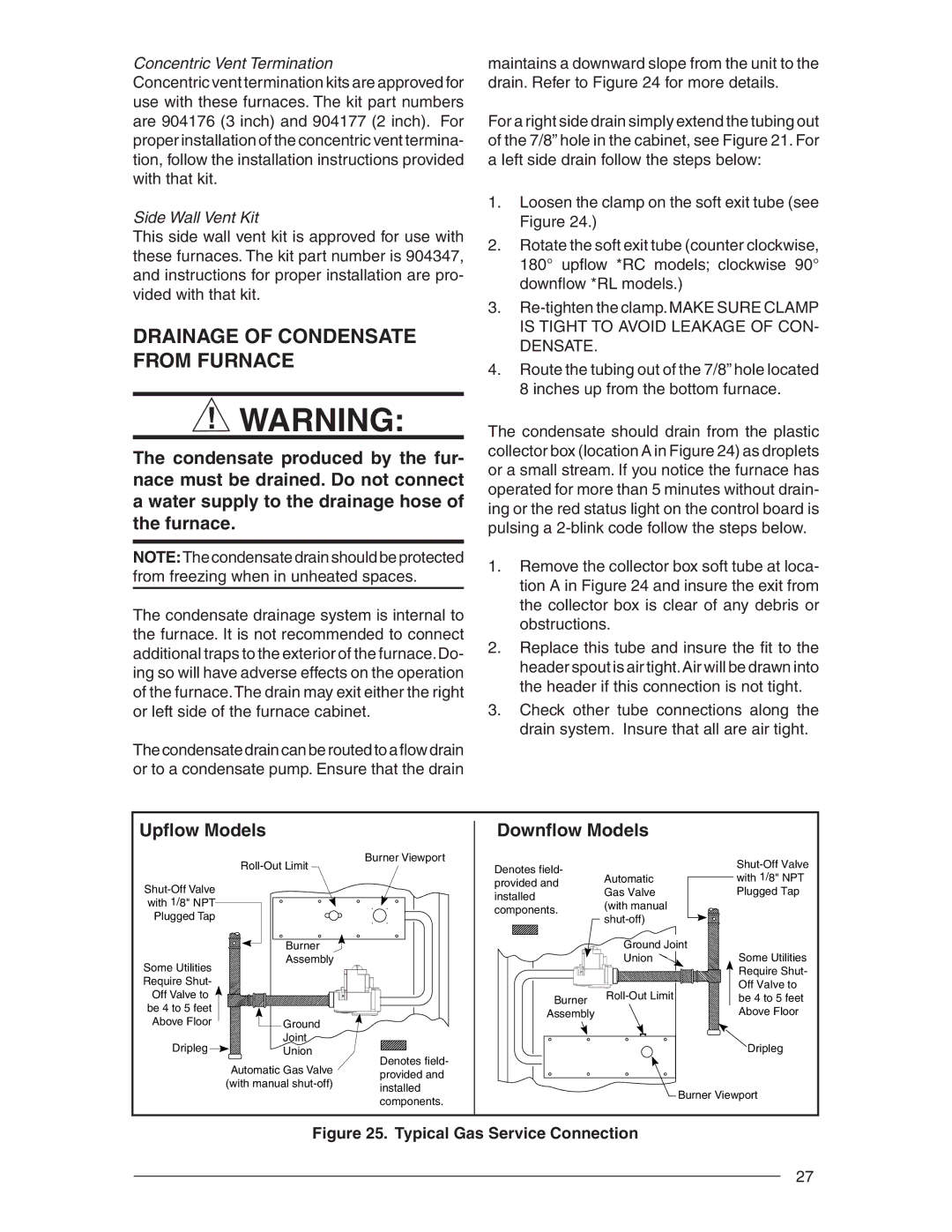 Nordyne RC 92+, RL 90+ Drainage of Condensate from Furnace, Concentric Vent Termination, Side Wall Vent Kit 