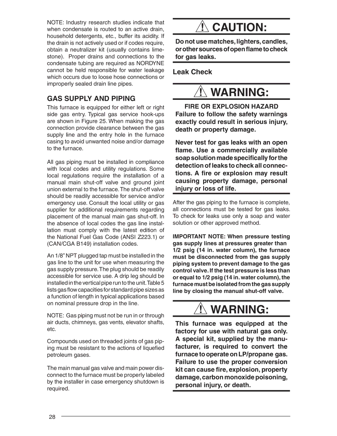 Nordyne RL 90+, RC 92+ installation instructions GAS Supply and Piping, Leak Check 