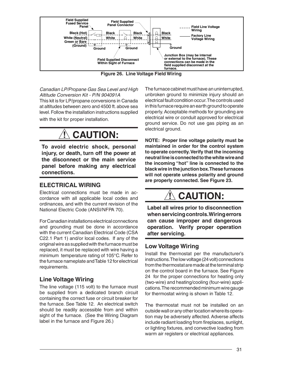 Nordyne RC 92+, RL 90+ installation instructions Electrical Wiring, Line Voltage Wiring, Low Voltage Wiring 