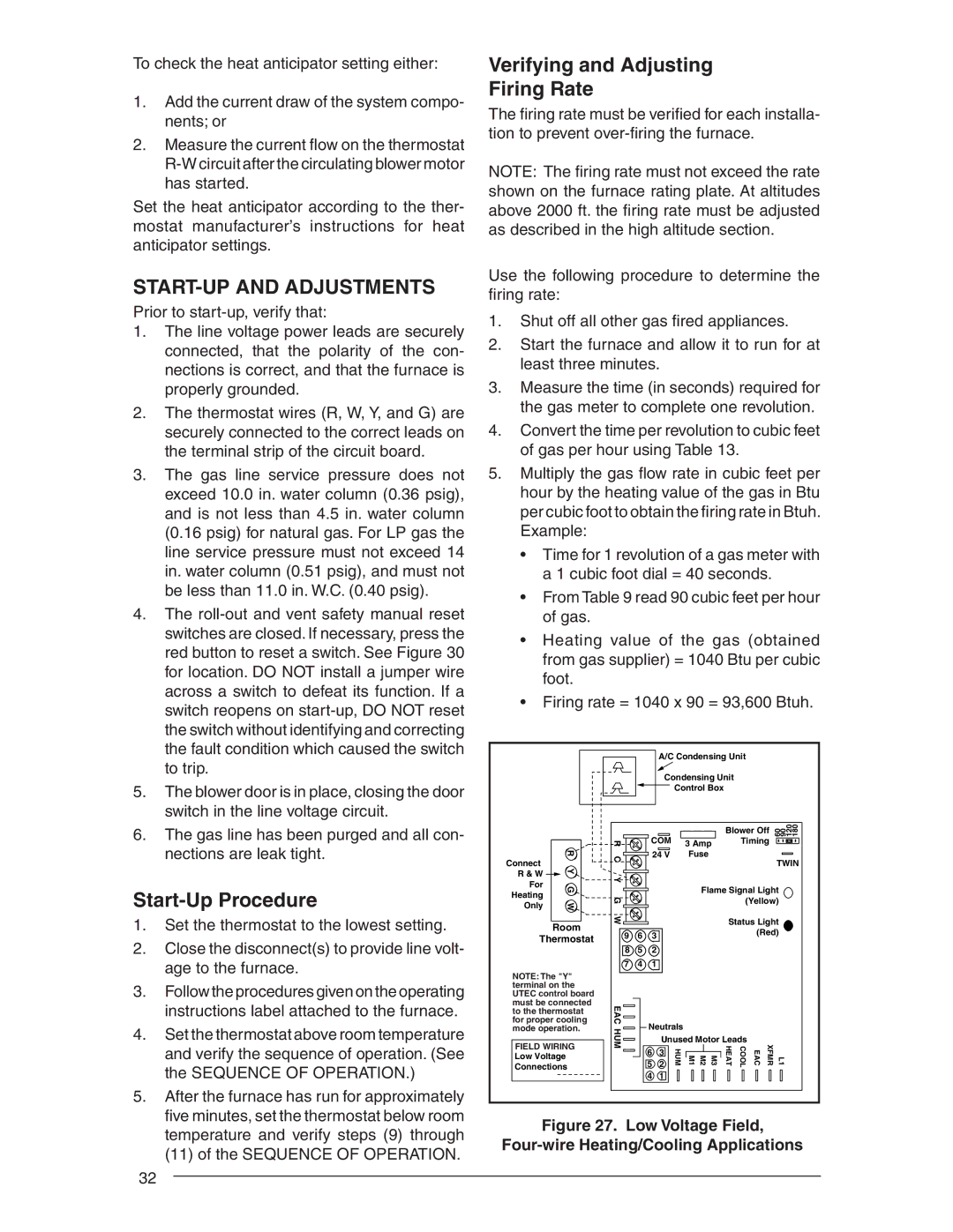 Nordyne RL 90+, RC 92+ START-UP and Adjustments, Start-Up Procedure, Verifying and Adjusting Firing Rate 