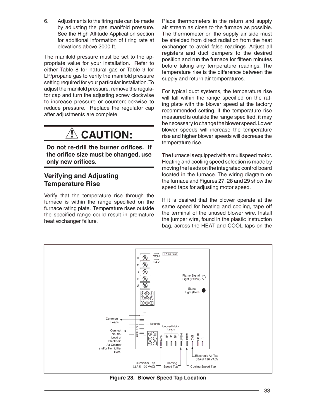 Nordyne RC 92+, RL 90+ installation instructions Verifying and Adjusting Temperature Rise, Blower Speed Tap Location 