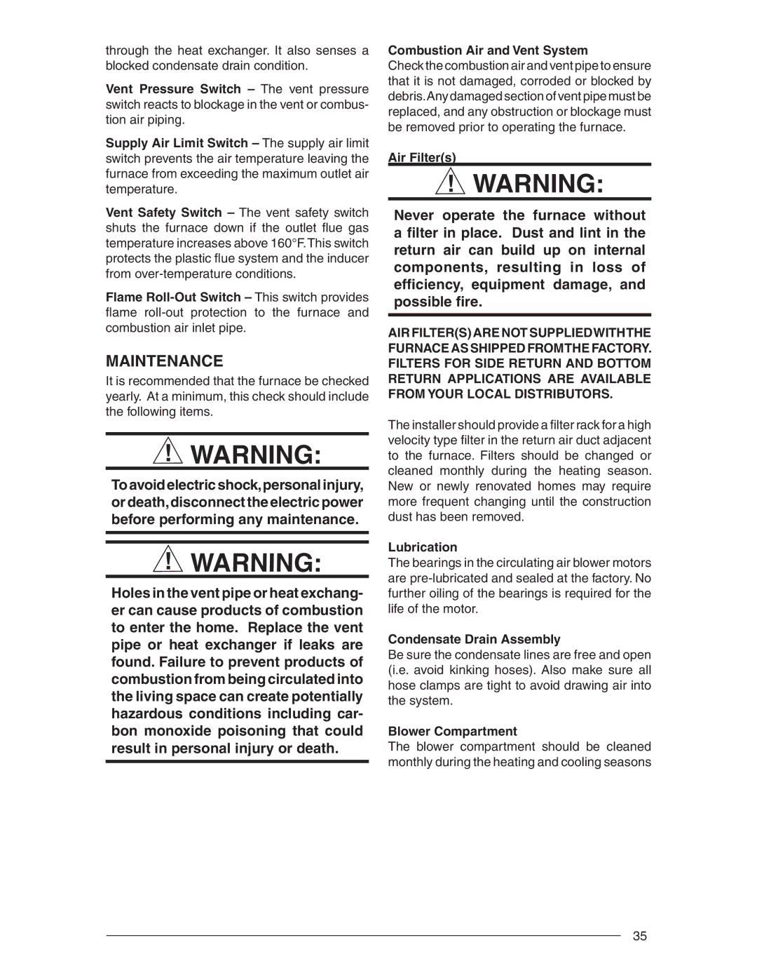 Nordyne RC 92+, RL 90+ installation instructions Maintenance 