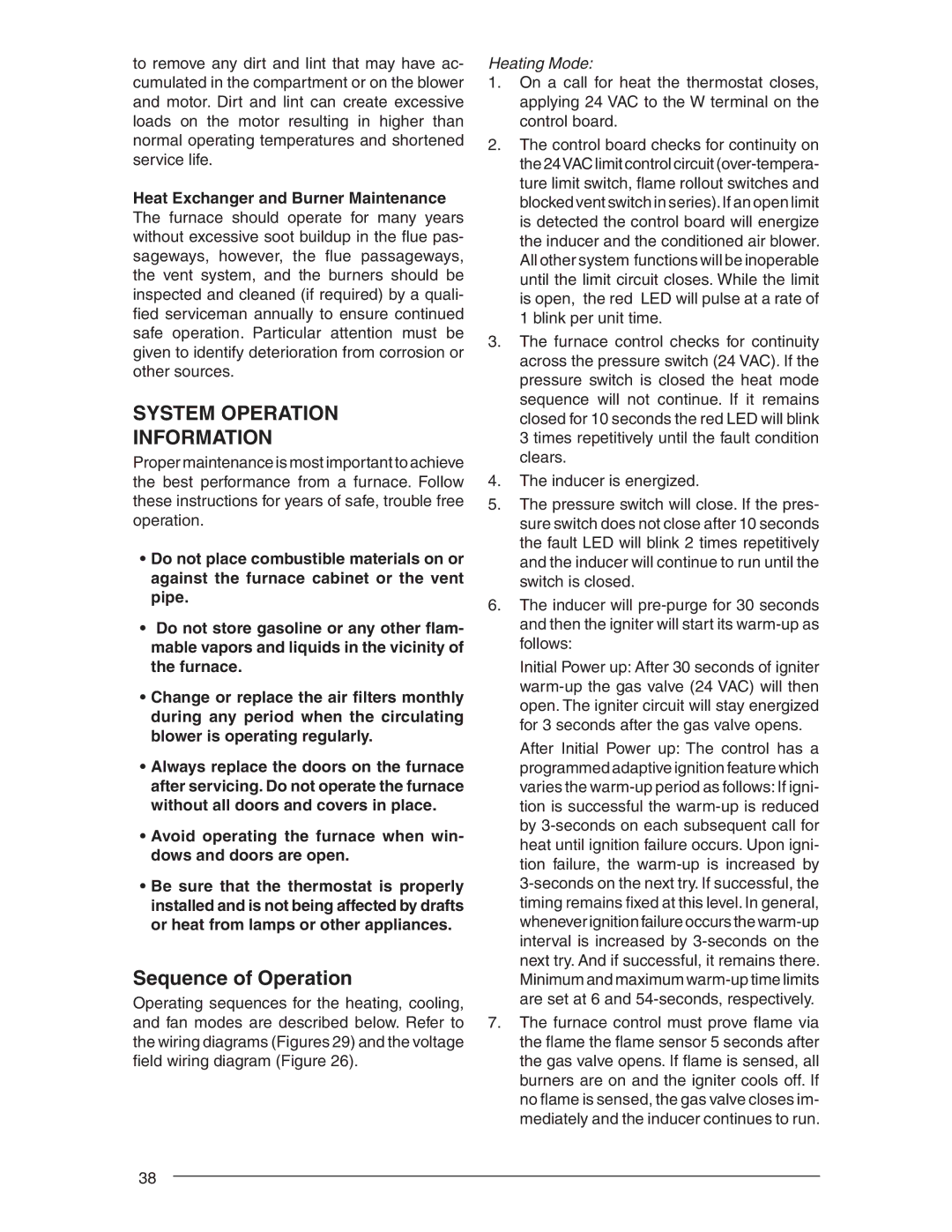 Nordyne RL 90+, RC 92+ installation instructions System Operation Information, Sequence of Operation, Heating Mode 