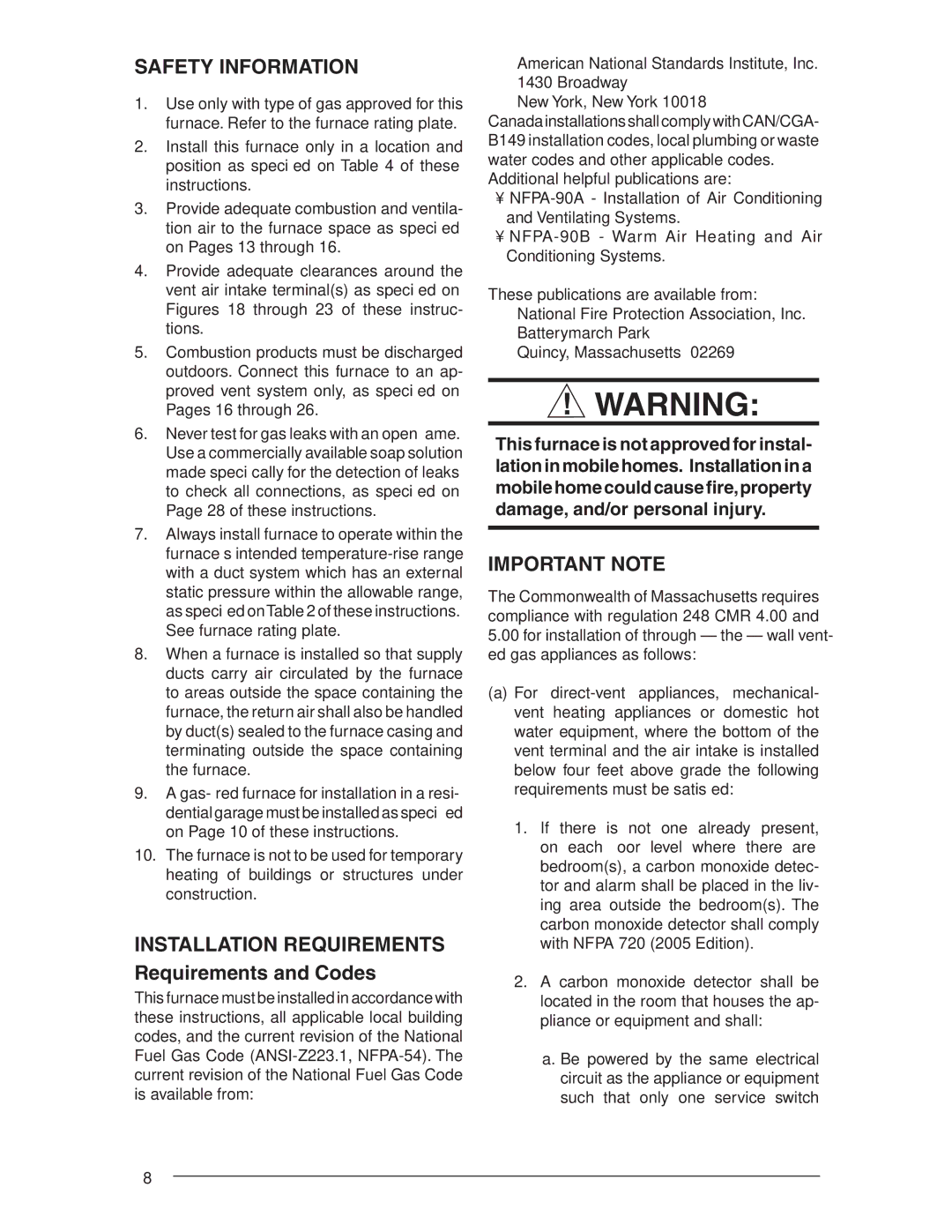 Nordyne RL 90+, RC 92+ Safety Information, Installation Requirements Requirements and Codes, Important Note 