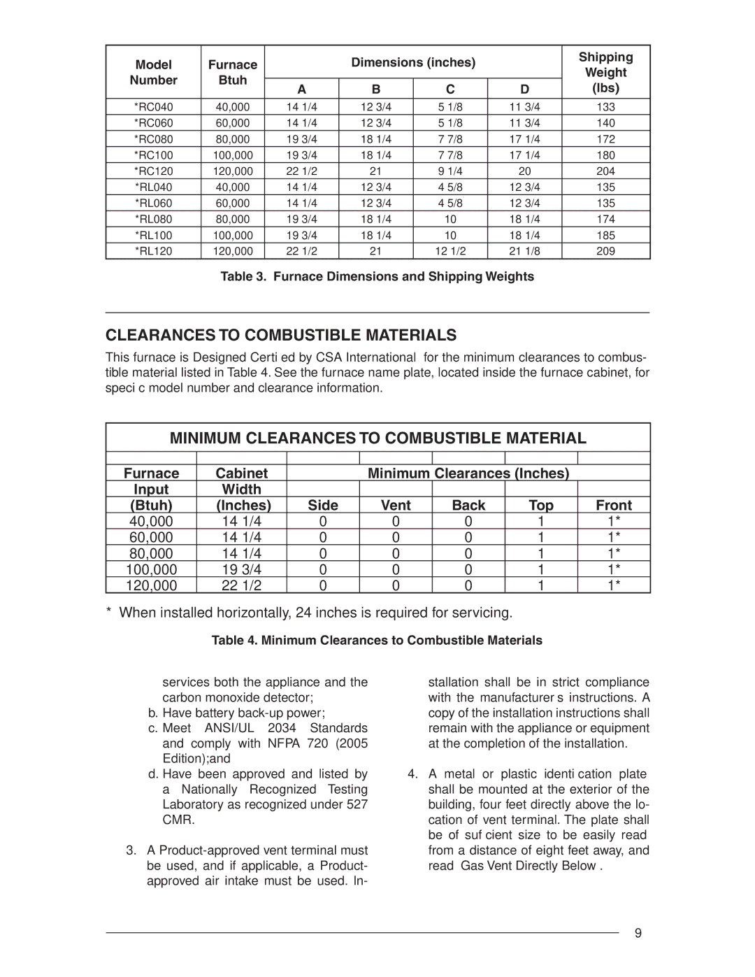 Nordyne RC 92+, RL 90+ Clearances to Combustible Materials, Minimum Clearances to Combustible Material 