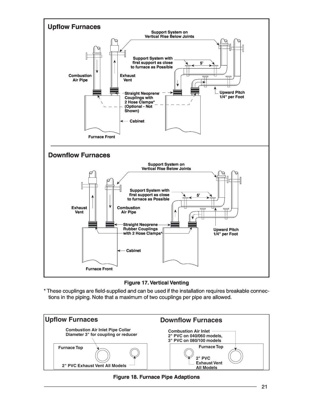 Nordyne RC 92+, RL 90+ installation instructions Upﬂow Furnaces, Downﬂow Furnaces, Vertical Venting, Furnace Pipe Adaptions 