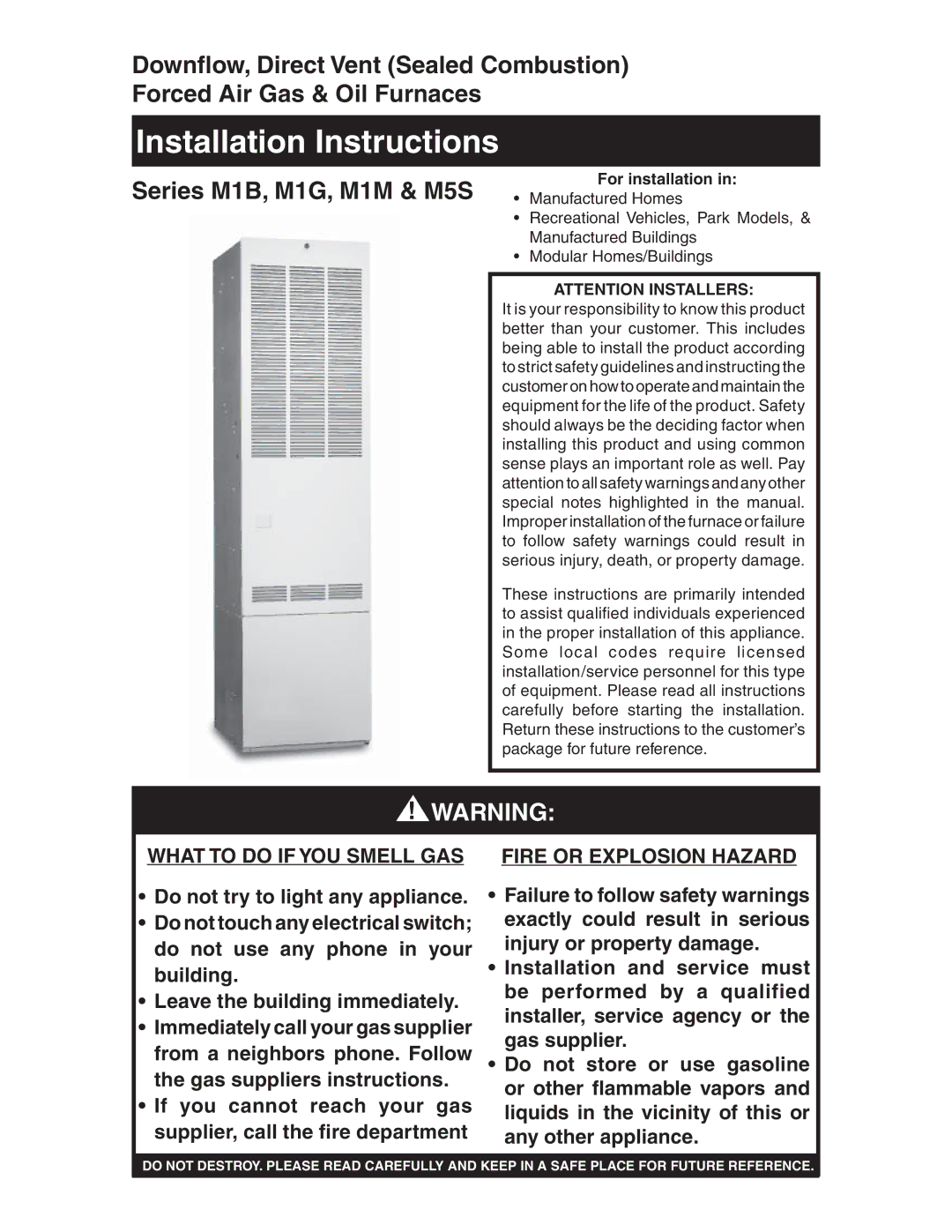 Nordyne AND M5S, SERIES M1B installation instructions Installation Instructions, For installation 