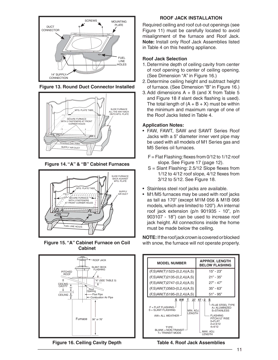 Nordyne AND M5S, SERIES M1B Roof Jack Installation, Required ceiling and roof cut-out openings see, Roof Jack Selection 