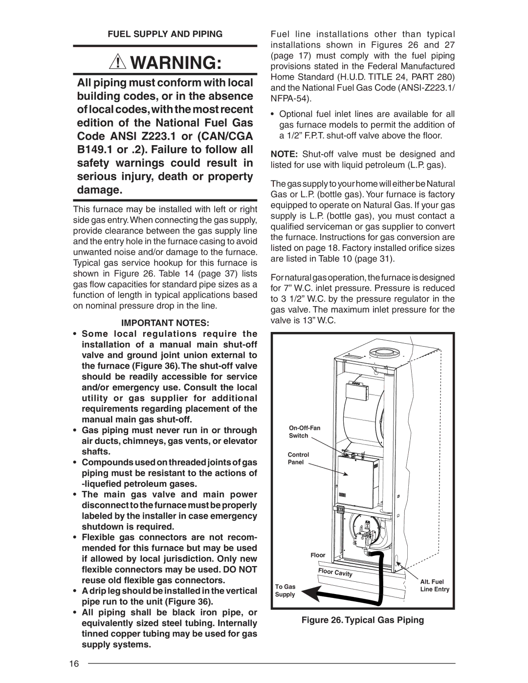 Nordyne SERIES M1B, AND M5S installation instructions Fuel Supply and Piping, Important Notes 