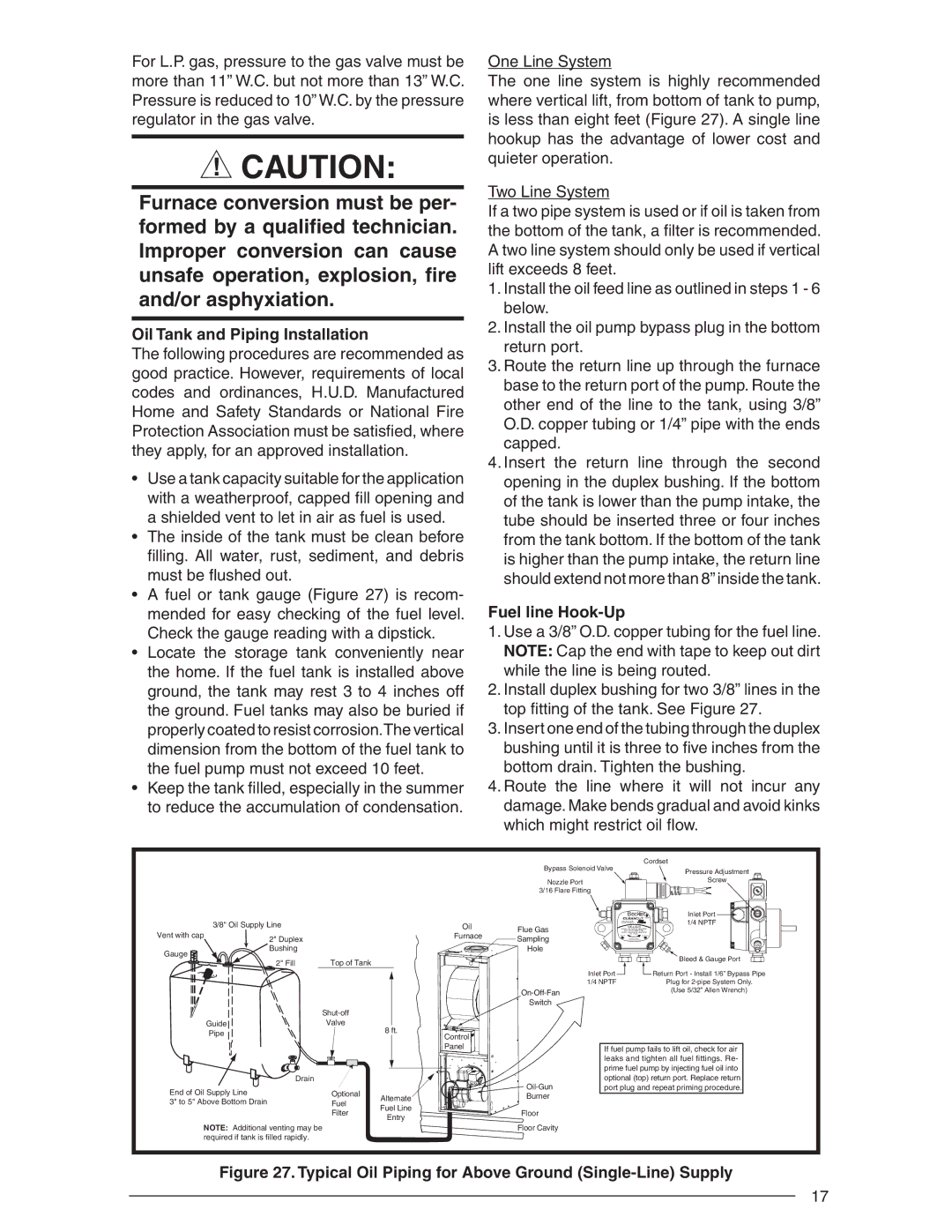 Nordyne AND M5S, SERIES M1B installation instructions Oil Tank and Piping Installation, Fuel line Hook-Up 