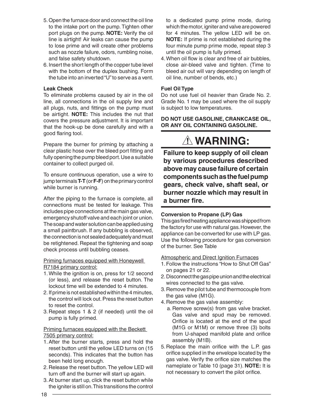 Nordyne SERIES M1B, AND M5S installation instructions Leak Check, Fuel Oil Type, Conversion to Propane LP Gas 