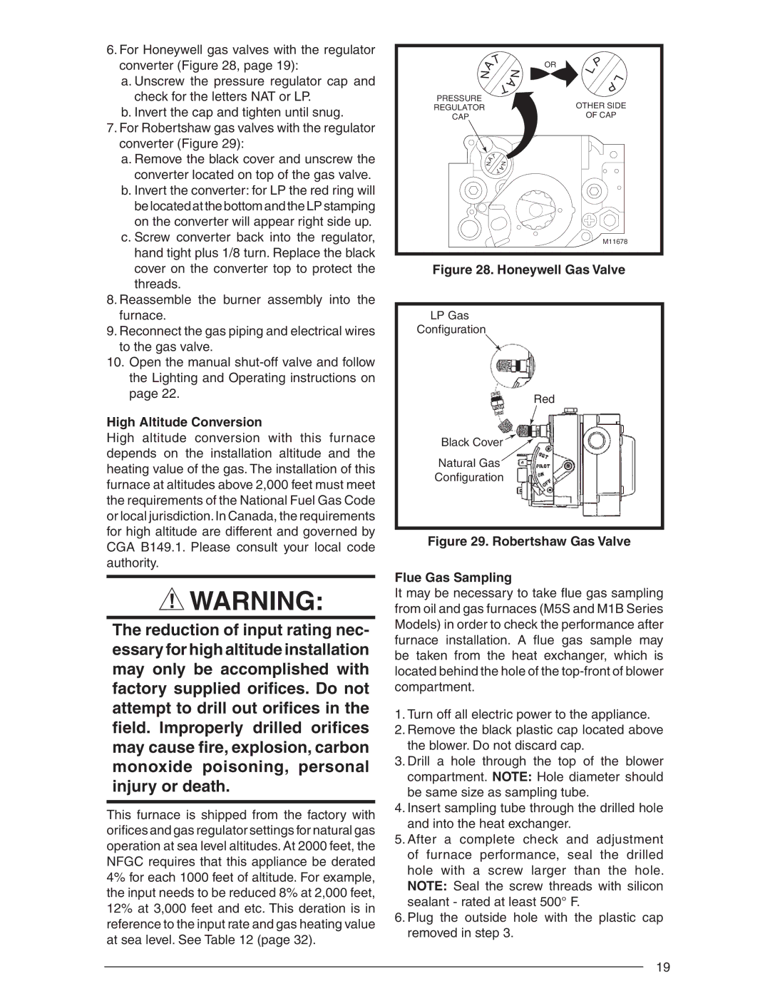 Nordyne AND M5S, SERIES M1B installation instructions High Altitude Conversion, Honeywell Gas Valve 