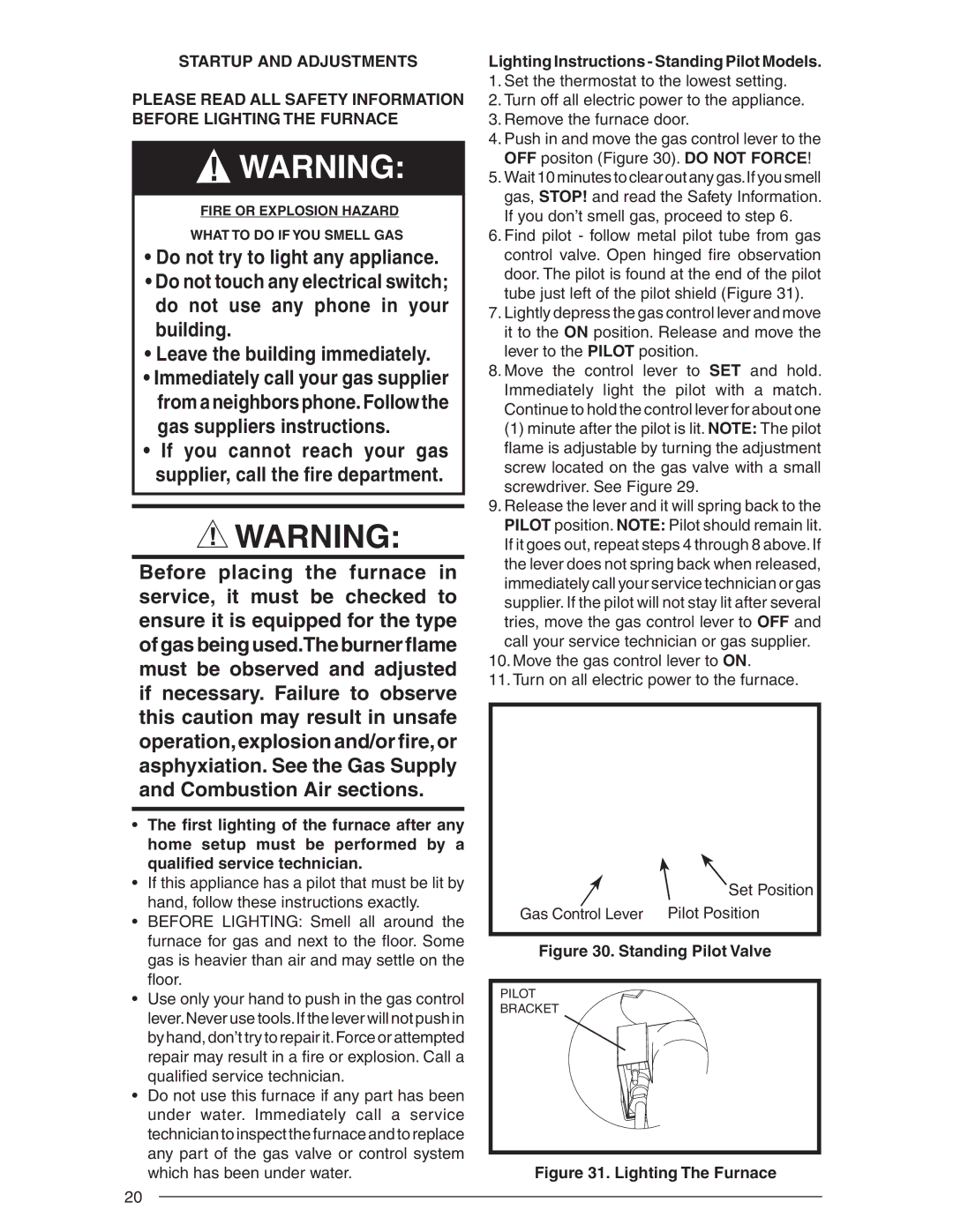 Nordyne SERIES M1B, AND M5S installation instructions Lighting Instructions Standing Pilot Models, Standing Pilot Valve 