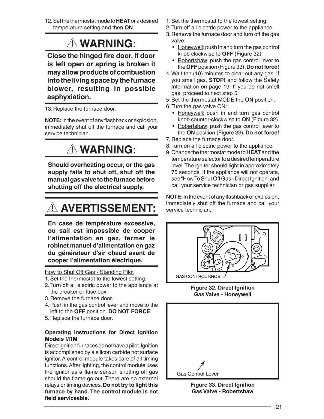 Nordyne AND M5S, SERIES M1B Replace the furnace door, Operating Instructions for Direct Ignition Models M1M 