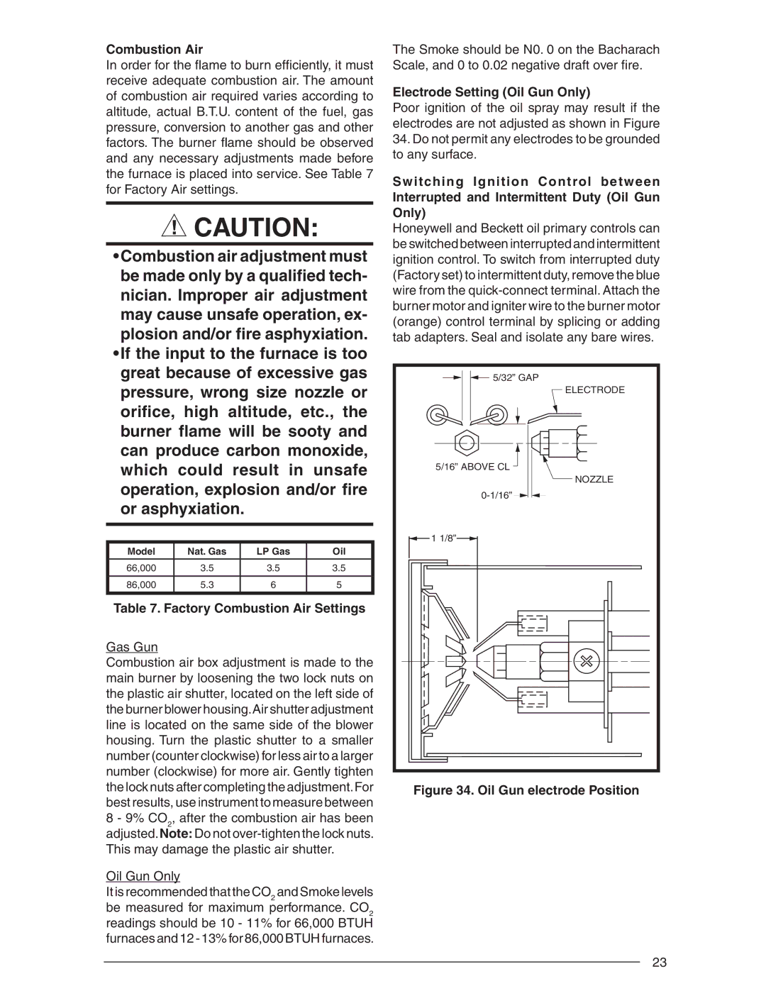 Nordyne AND M5S, SERIES M1B installation instructions Factory Combustion Air Settings, Electrode Setting Oil Gun Only 