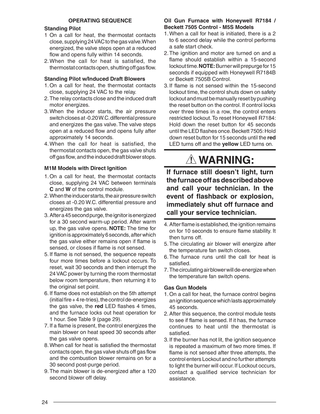 Nordyne SERIES M1B Operating Sequence, Standing Pilot w/Induced Draft Blowers, M1M Models with Direct Ignition 