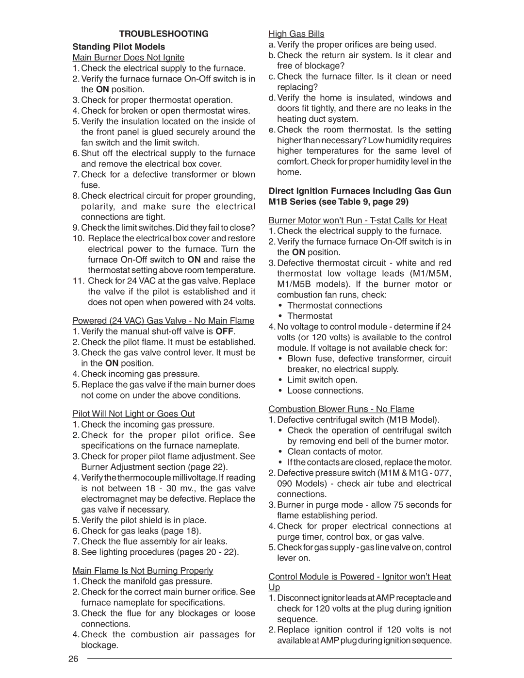 Nordyne SERIES M1B Troubleshooting, Standing Pilot Models, Direct Ignition Furnaces Including Gas Gun M1B Series see 