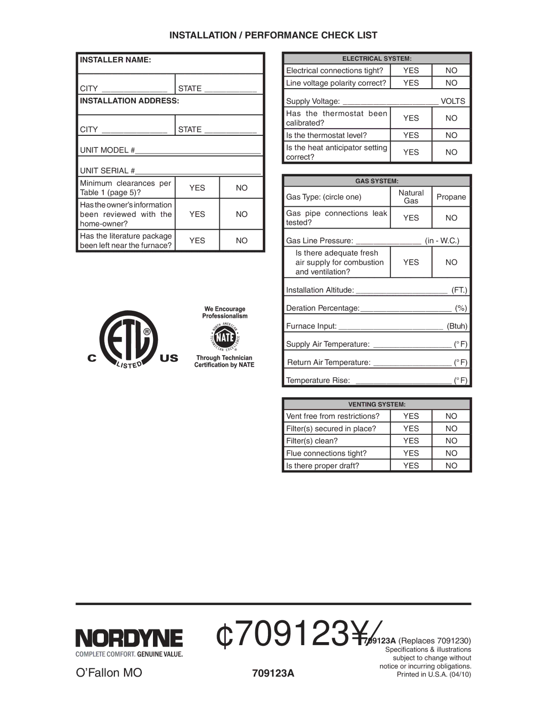 Nordyne SERIES M1B, AND M5S installation instructions Installation / Performance Check List, Installation Address 